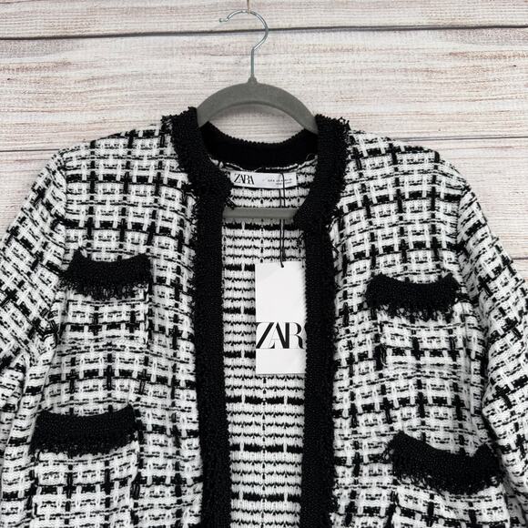 Zara Boucle Beaded Plaid Open Front Jacket Womens Small Black White Fringed NEW - Picture 3 of 11